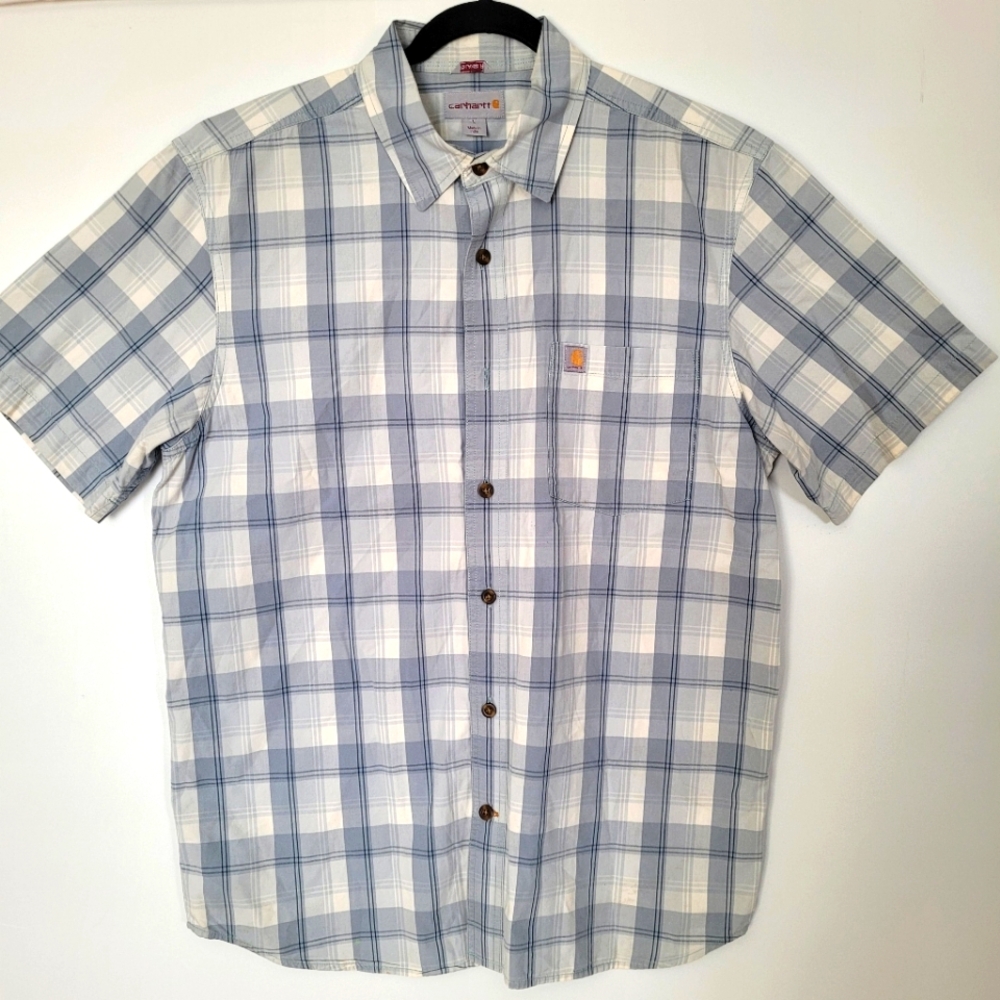 NWOT CARHARTT Mens Shirt Relaxed Fit Size L Blue White Plaid Casual Camp Summer
